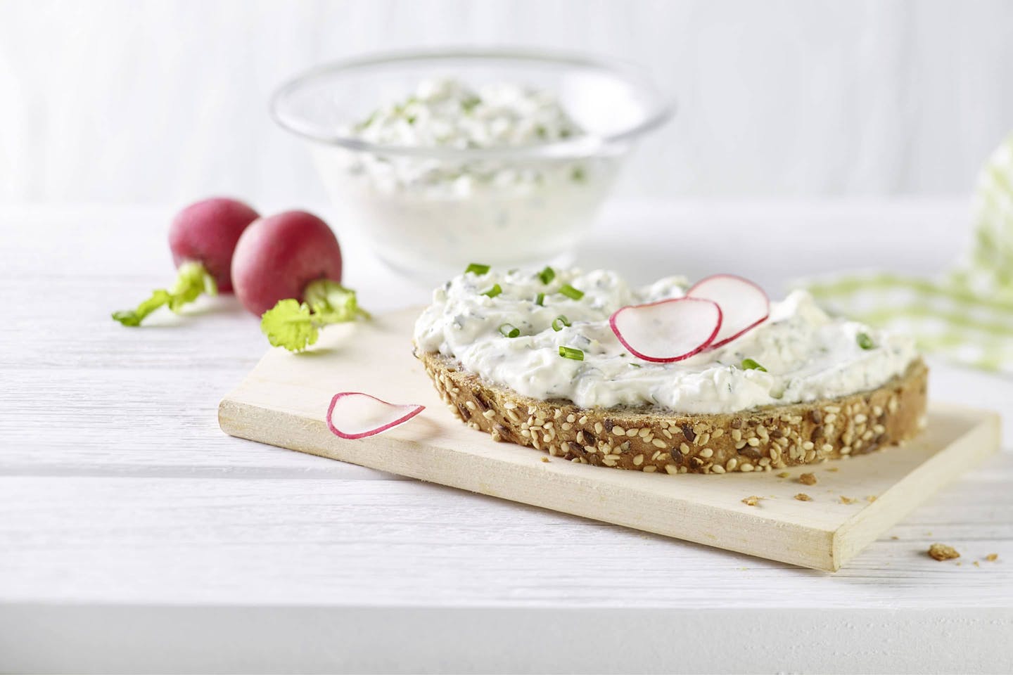 Cottage cheese with herbs of Provence on multigrain bread
