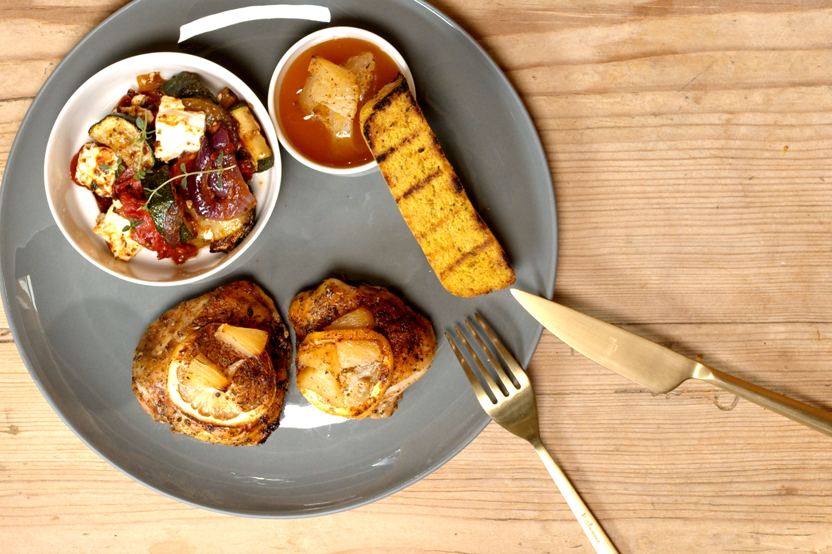 Hawaiian style chicken with ratatouille and grilled polenta