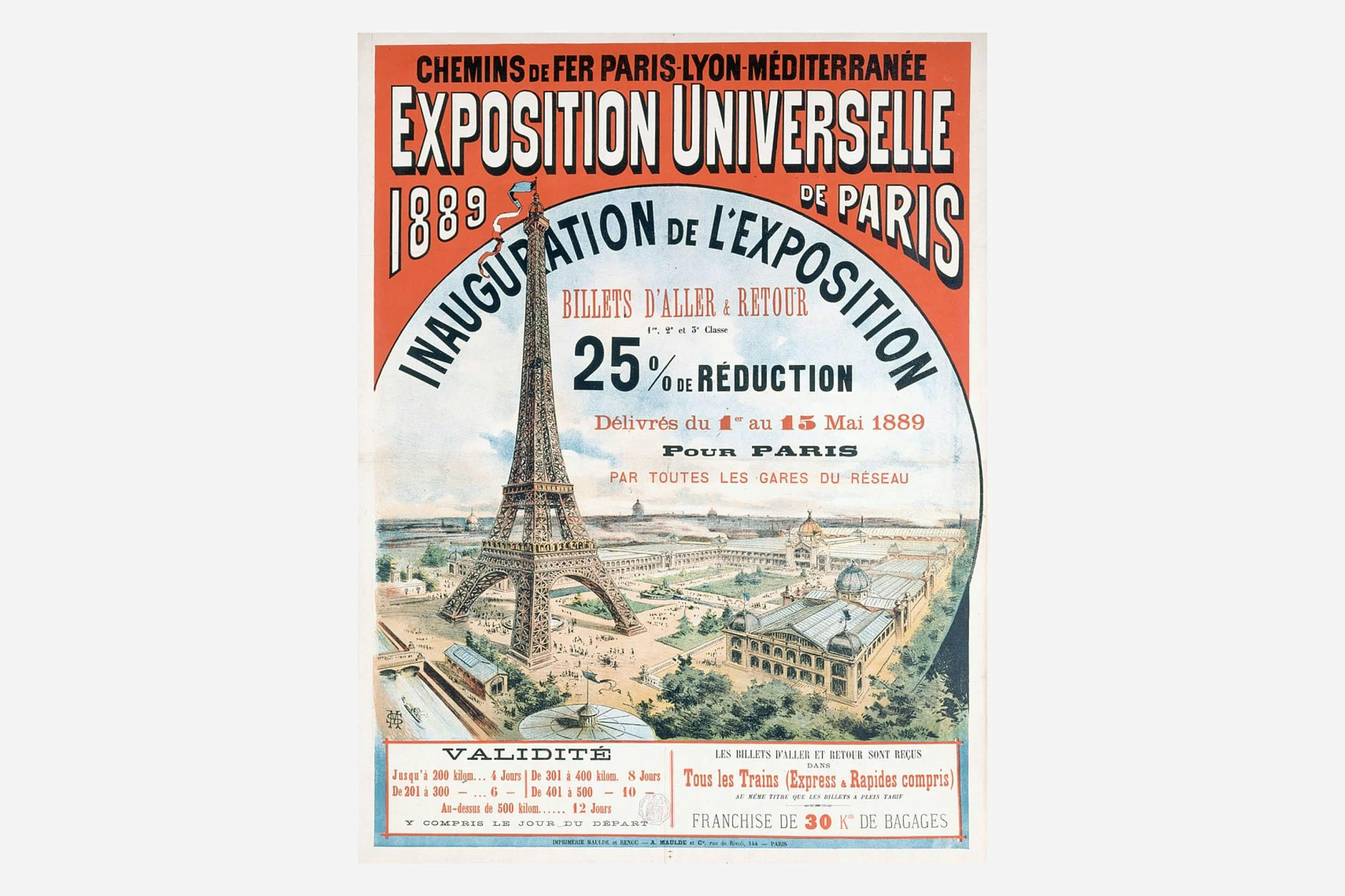 Poster of the Paris Exposition in 1889 with a drawing of the Eiffel Tower.