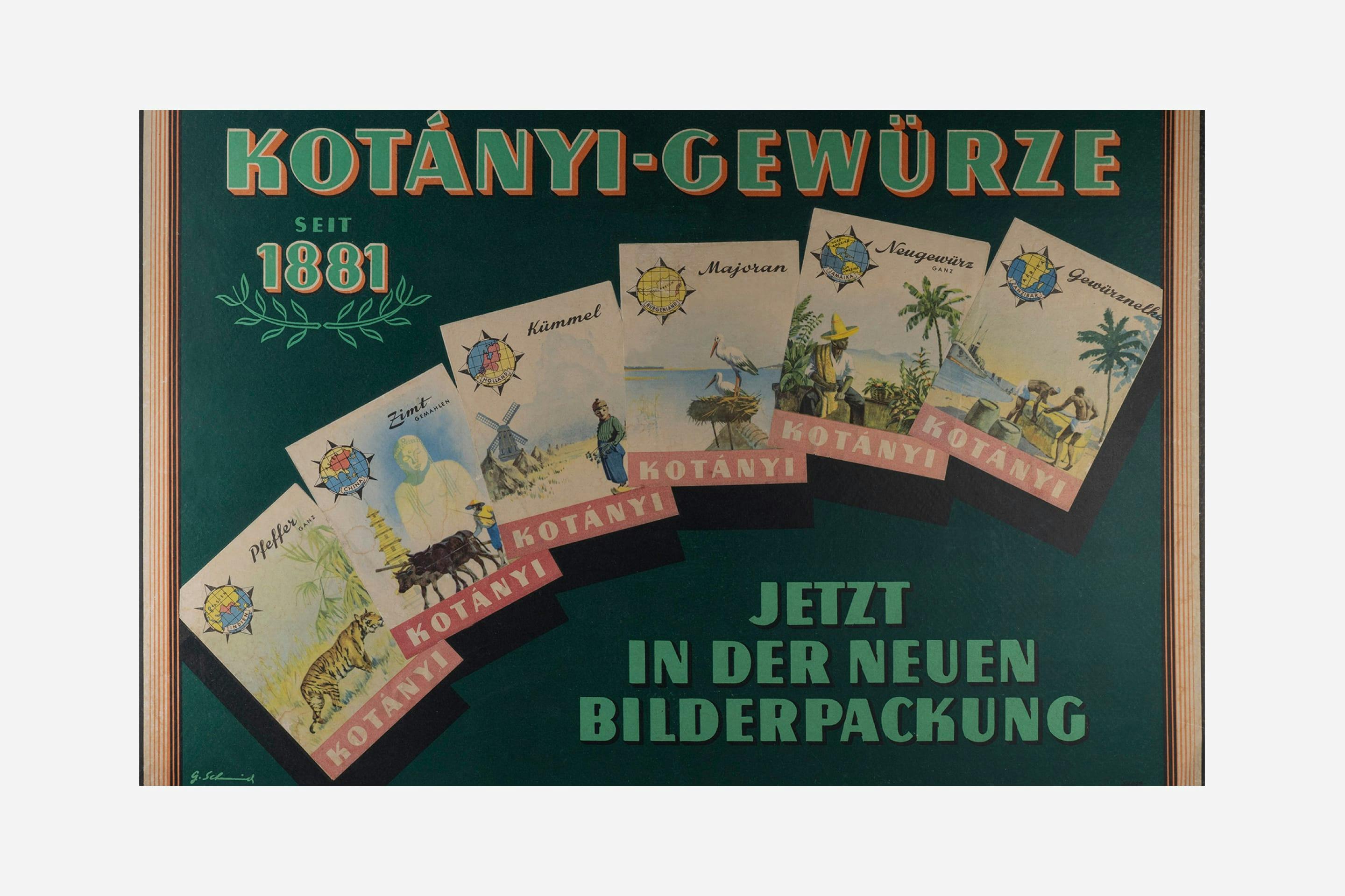 Kotányi advertising poster for illustrated sachets from 1970.