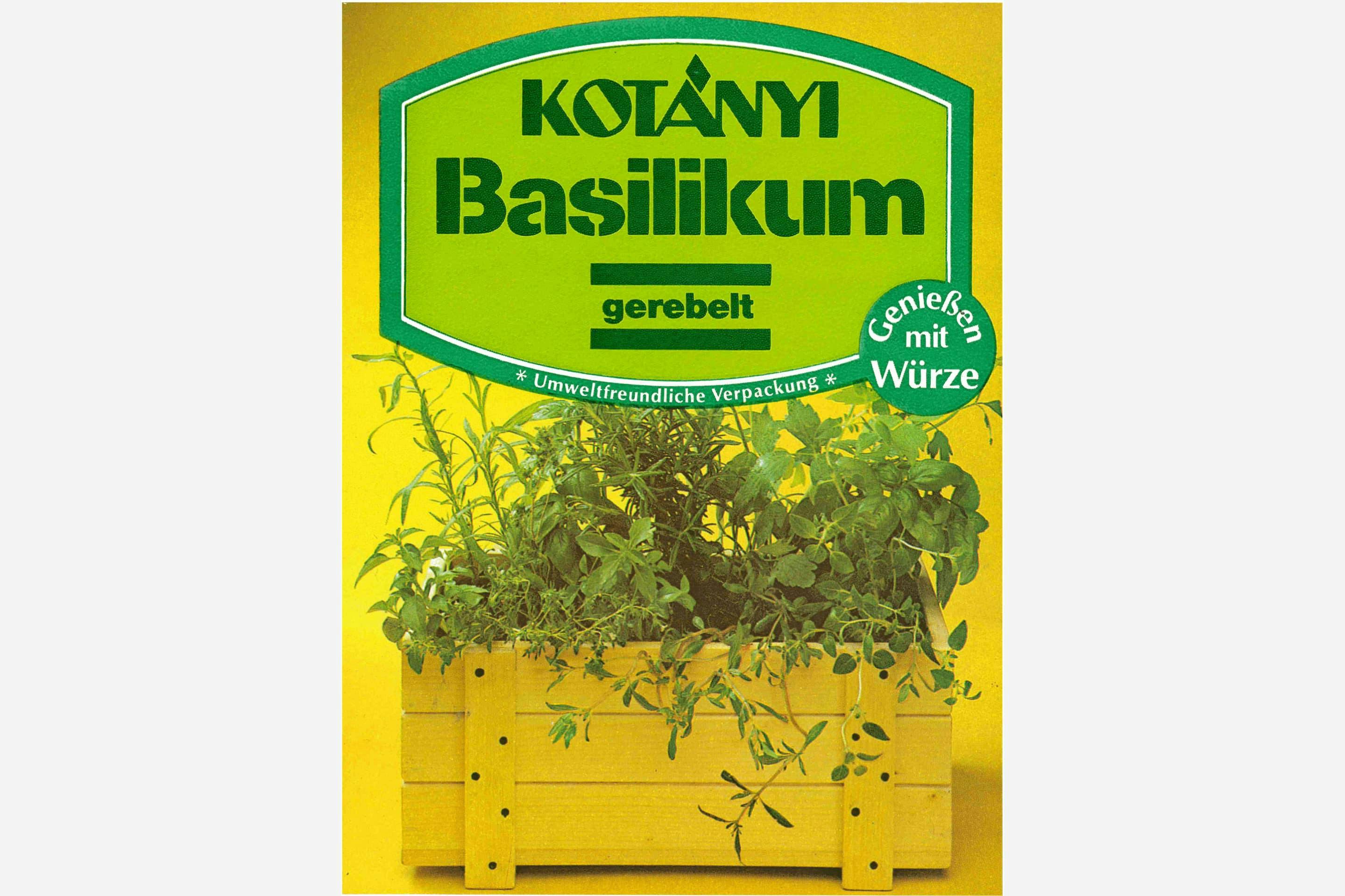Kotányi environmentally friendly basil sachet from the 1980s.