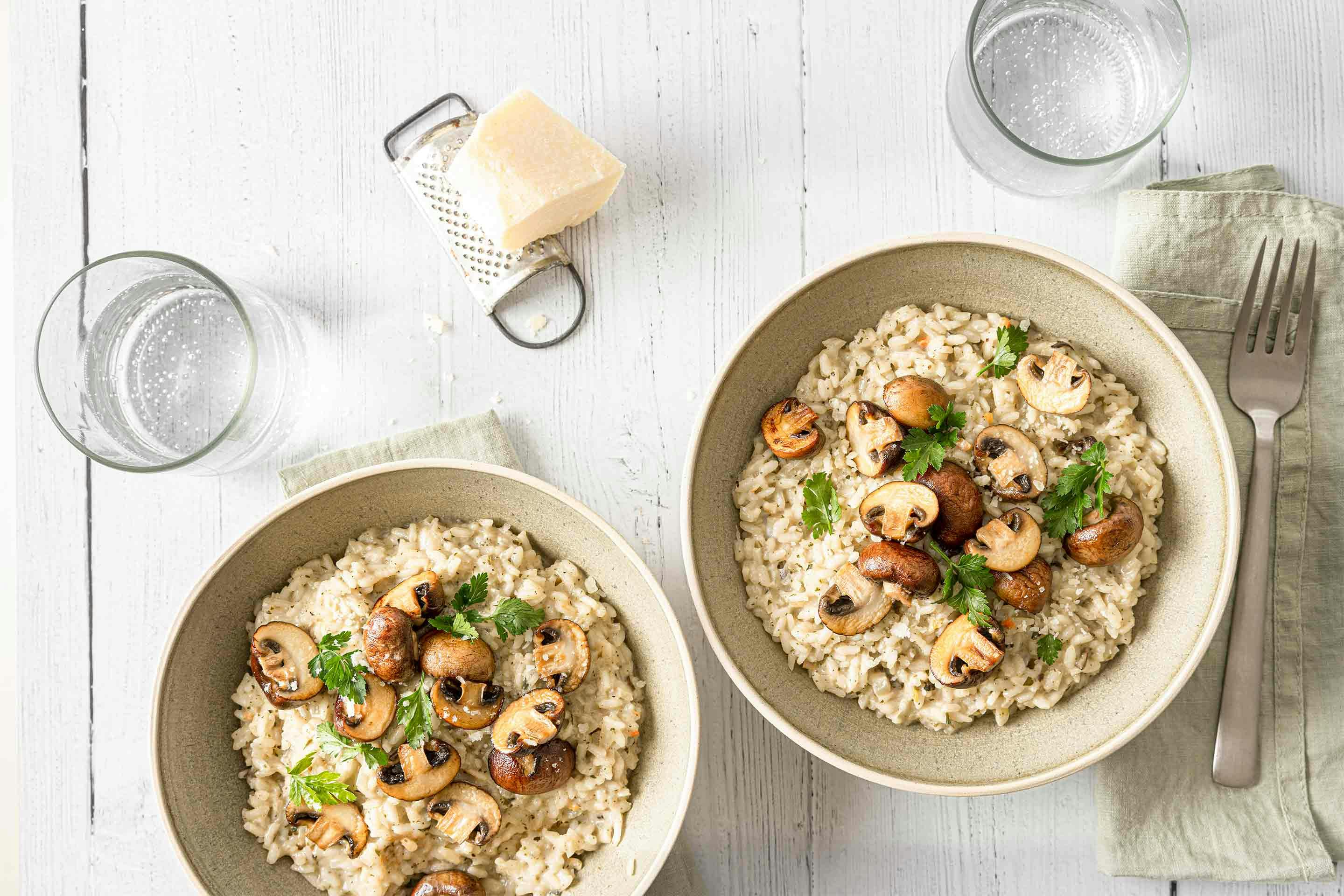 Two bowls of our Quick & Easy mushroom risotto – delicious and done in no time.