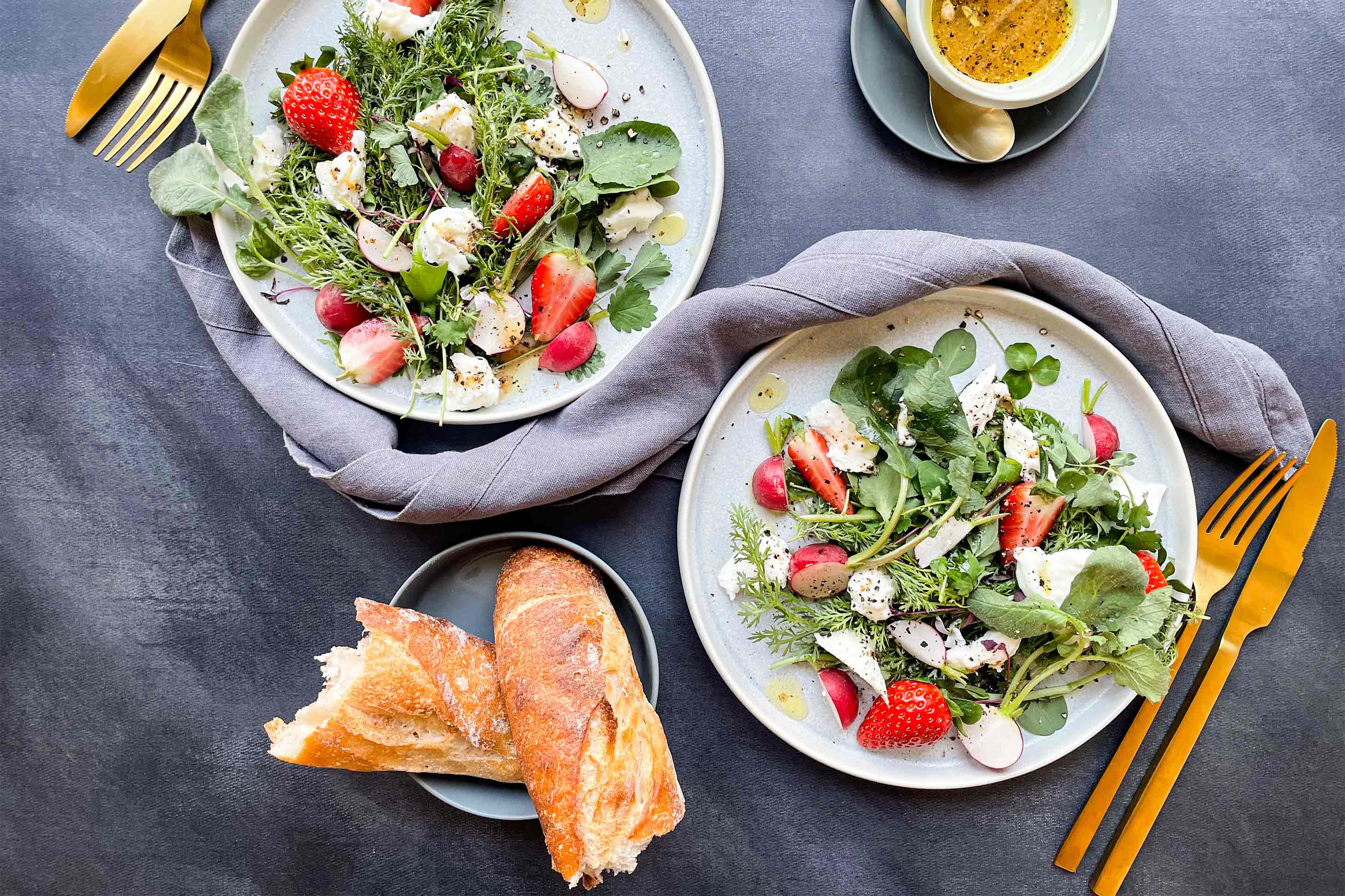 Summery Strawberry Burrata Salad With Fresh Baguette.