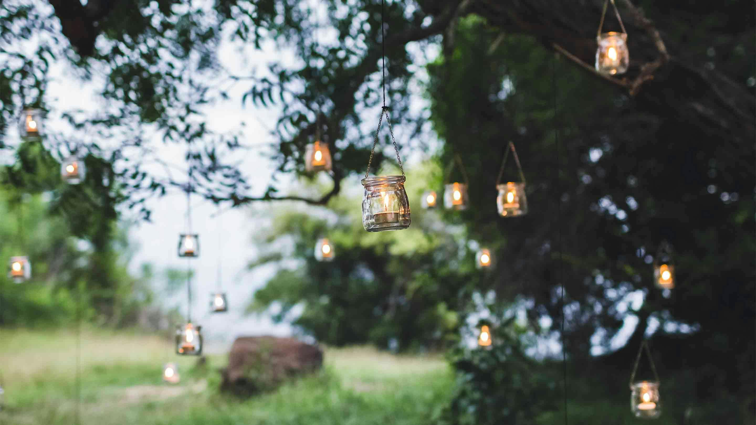 Hanging candles on a tree in summer.
